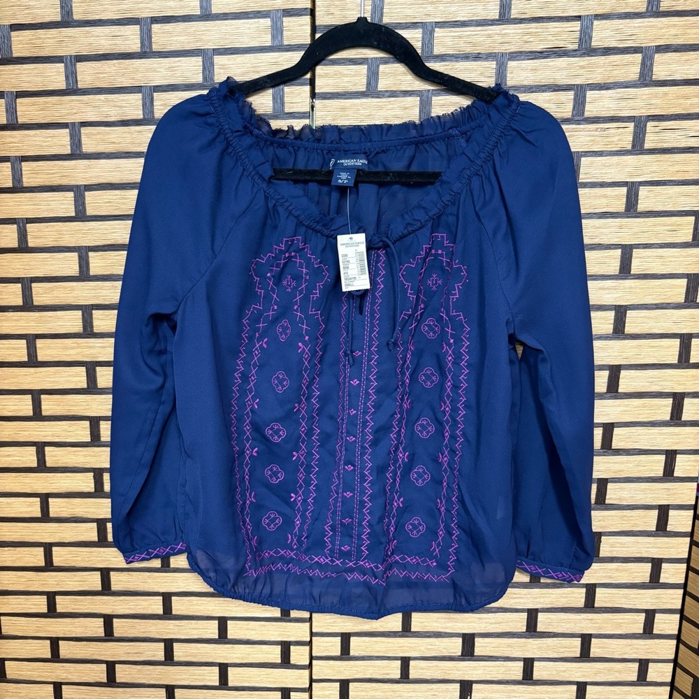 American Eagle Navy Sheer Embroidered‎ Top Size Small